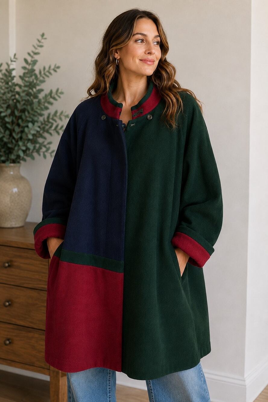 Vintage Venezia Italia Wool Coat Oversized Colorblock Green Red Navy 80s 90s